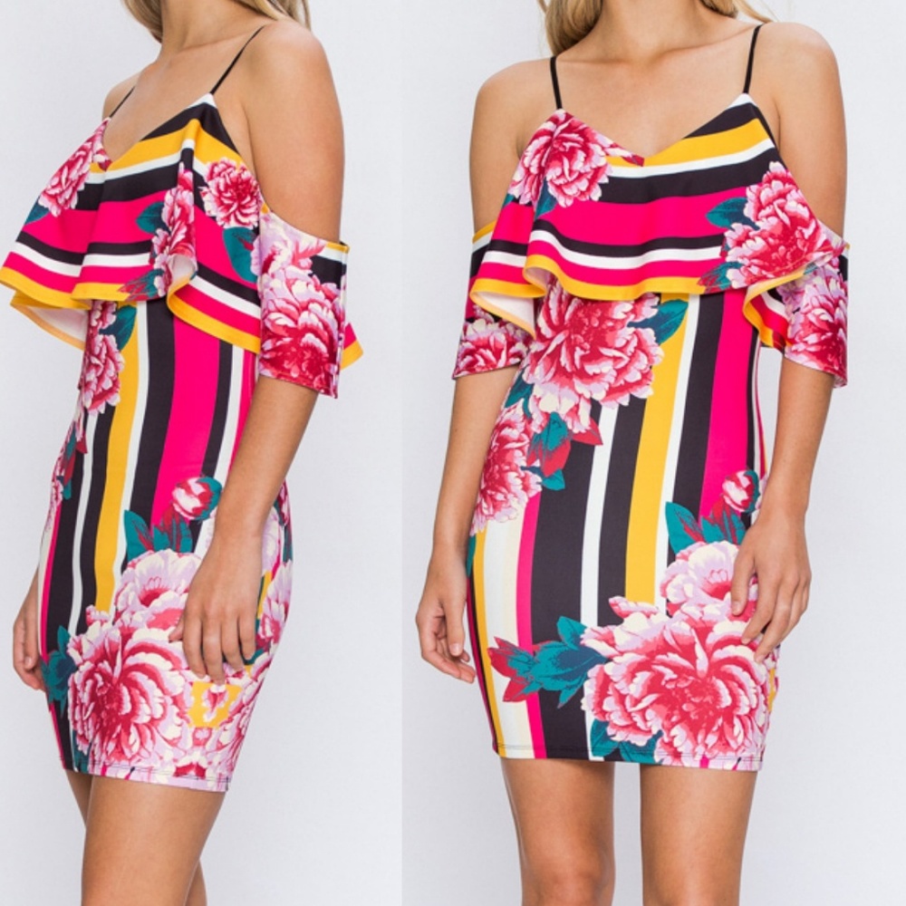 STRIPED FLORAL OFF THE SHOULDER MINI DRESS